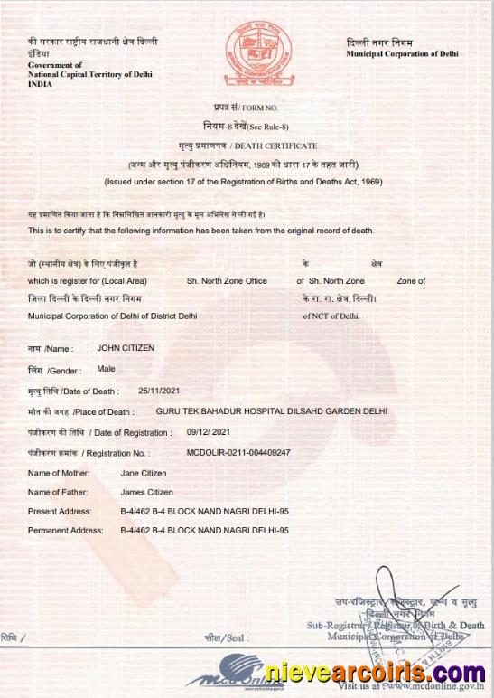 India death certificate